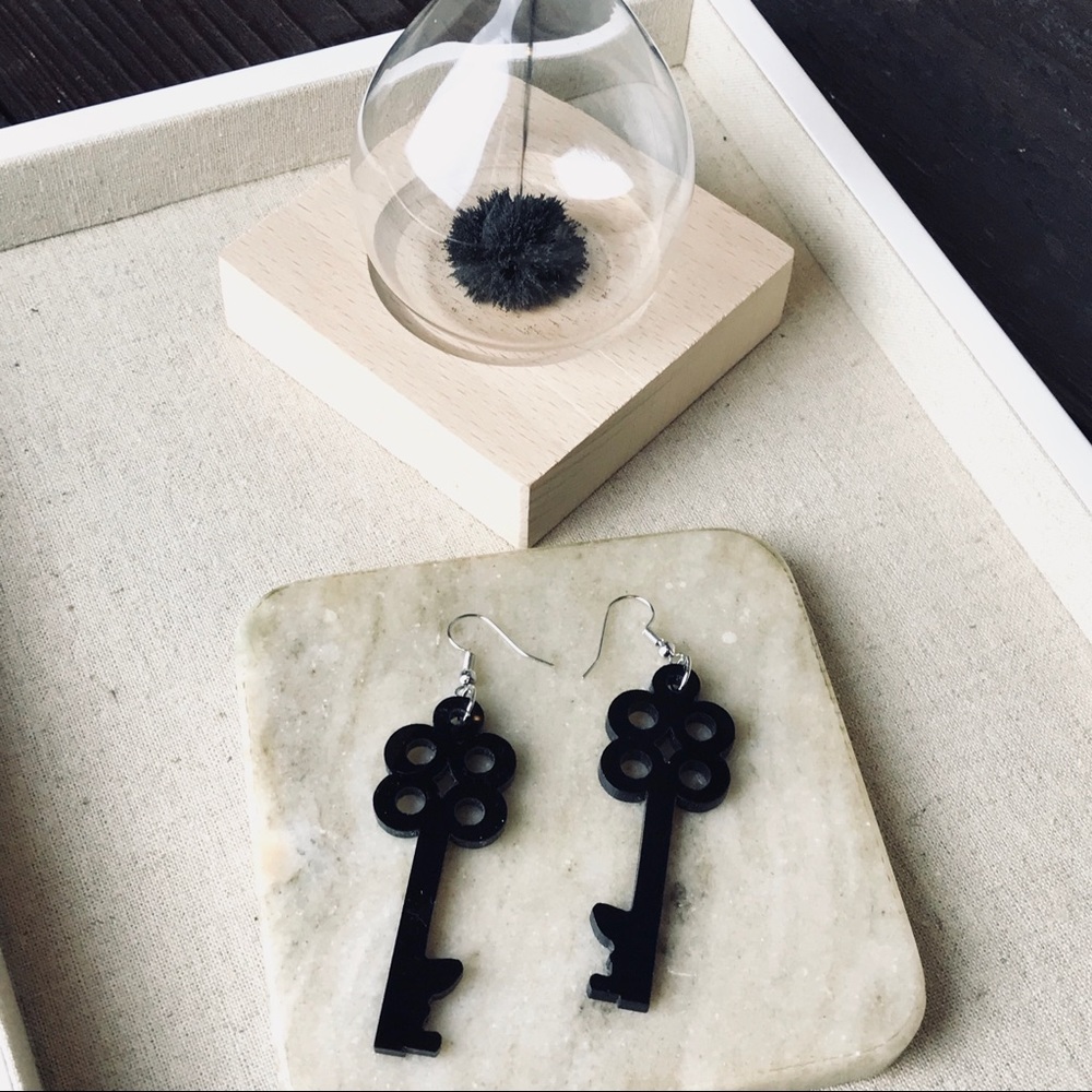 Acrylic Key Earrings Black Dangle Drop Stud